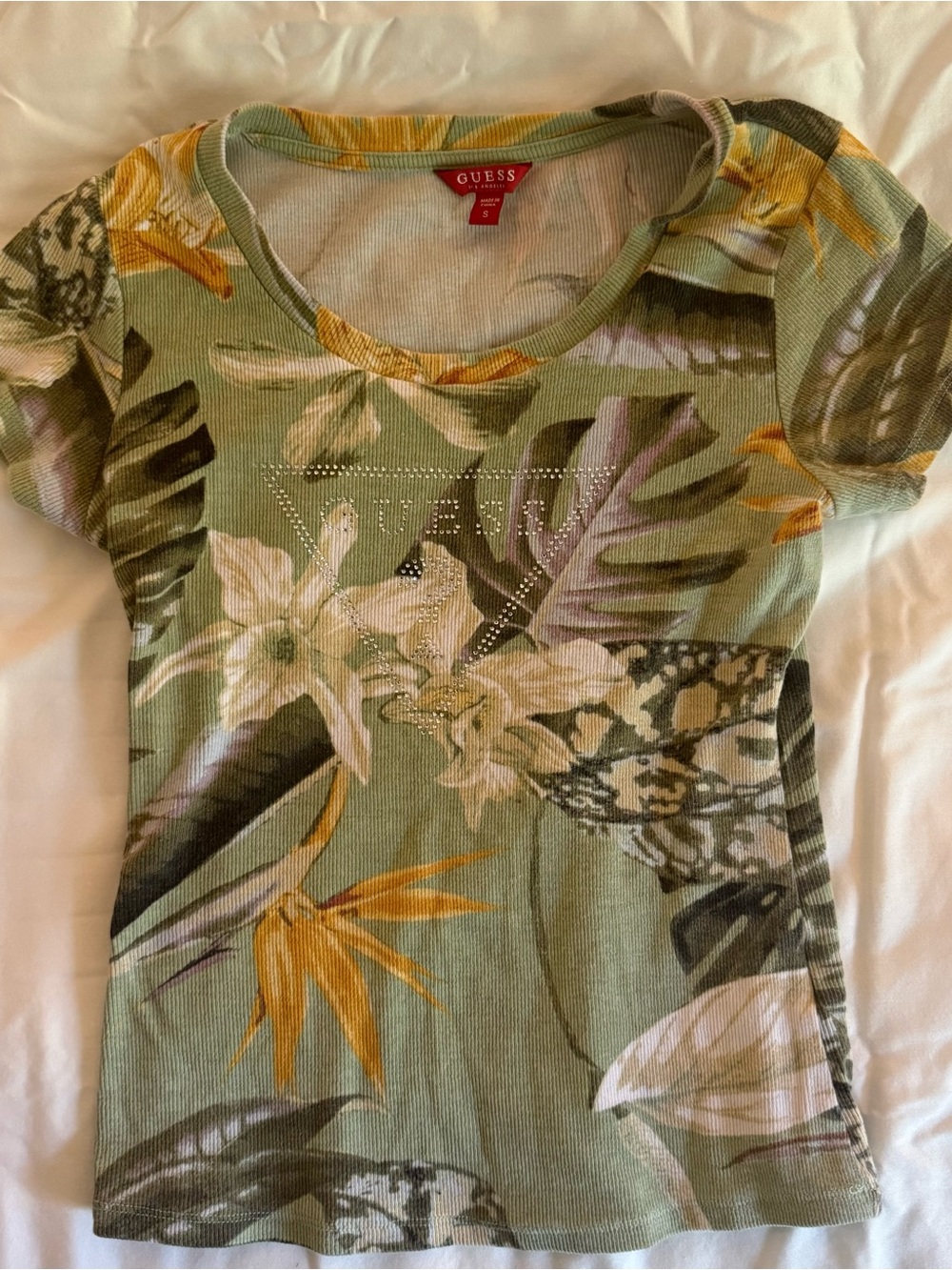 GUESS Green Tropical Floral Short Sleeve Top with Rhinestone Logo